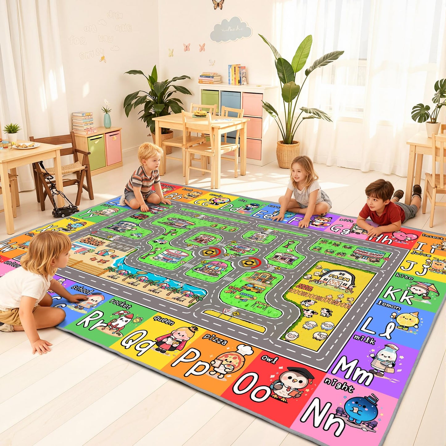 Kids Car Rug for Playroom, Bedroom, Classroom, 8x10 Kids Play Mat with Road, ABC, Buildings, Car Road Carpet, Educational Toddler Rug for Boys, Girls