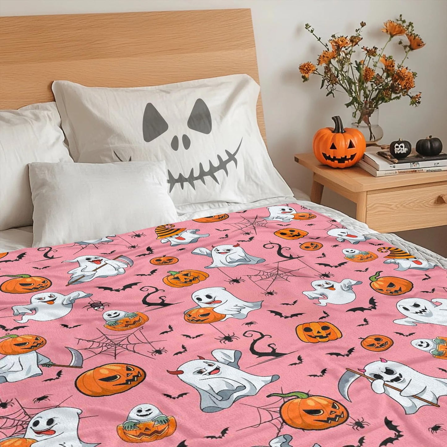 pahhjsa Pink Halloween Throw Blanket 50"x60", Cute Ghost Blanket for Girls Kids Soft Flannel Fleece Halloween Blankets and Throws Decor
