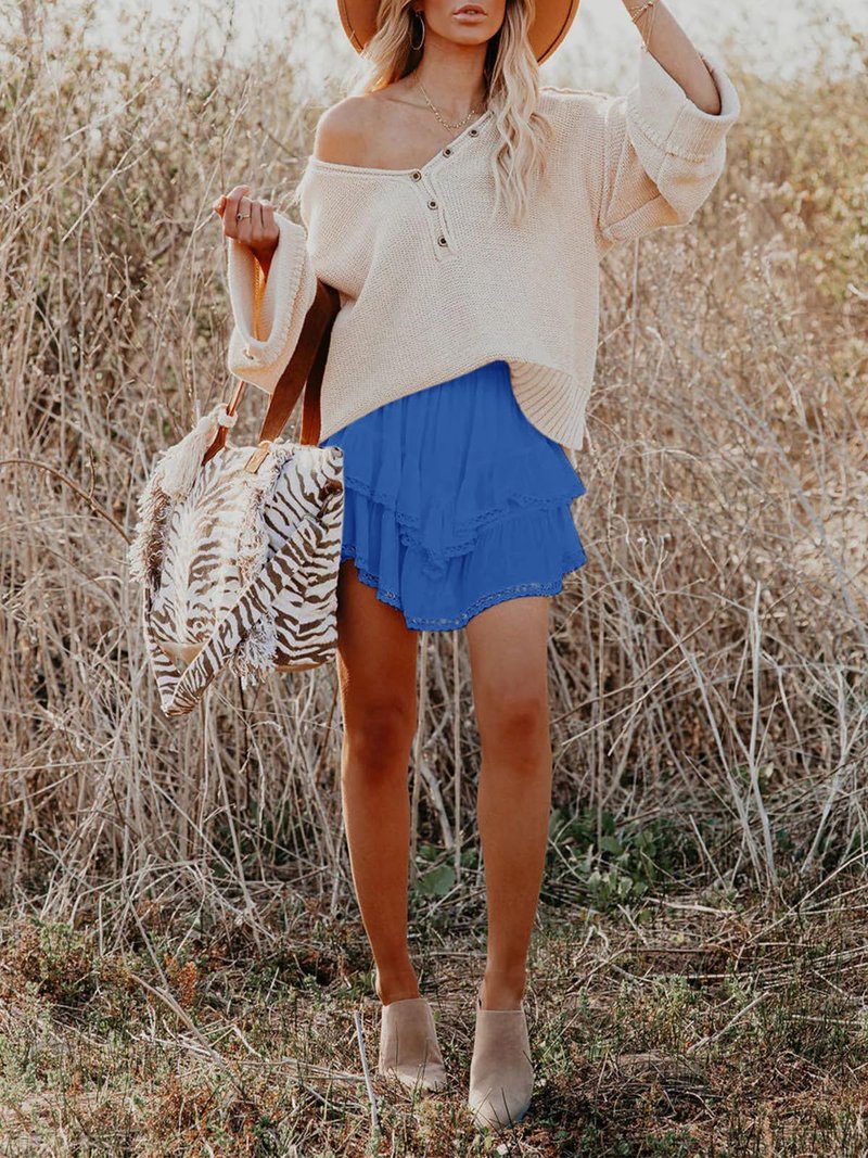 Aoudery Flowy Shorts for Women Casual Boho Ruffle Tiered Skorts High Waist Mini Skirts Golf Tennis Butterfly Crochet Shorts - Royal Blue XS