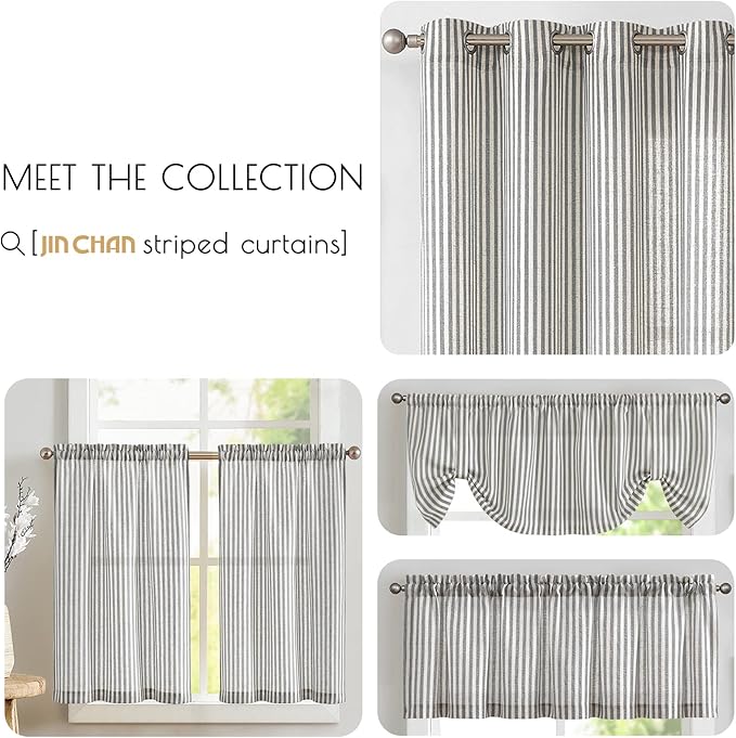 JINCHAN Tie Top Linen Kitchen Curtains 24 Inch Striped Tier Curtains Farmhouse Modern Cafe Style Small Window Treatments Airy Light Filtering Rod Pocket for Living Room Bathroom 2 Panels Charcoal Grey