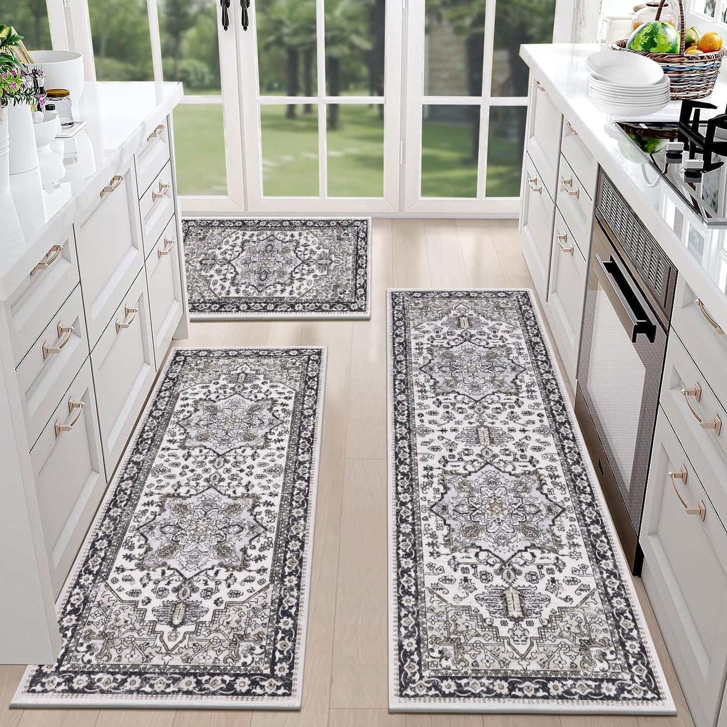 HEBE Boho Kitchen Rug Sets 3 Piece with Runner Non Slip Kitchen Rugs and Mats Washable Kitchen Mats for Floor Thick Kitchen Floor Mat Carpet Runner Rugs for Hallway Laundry Holiday Decor