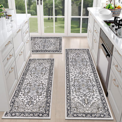 HEBE Boho Kitchen Rug Sets 3 Piece with Runner Non Slip Kitchen Rugs and Mats Washable Kitchen Mats for Floor Thick Kitchen Floor Mat Carpet Runner Rugs for Hallway Laundry Holiday Decor