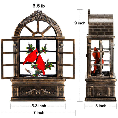 Gorrzai Cardinal Snow Globe Lantern Christmas Snow Globes Arched Window Shape Christmas Decorations Indoor for Home Timer Christmas Music Box, USB and Battery Powered