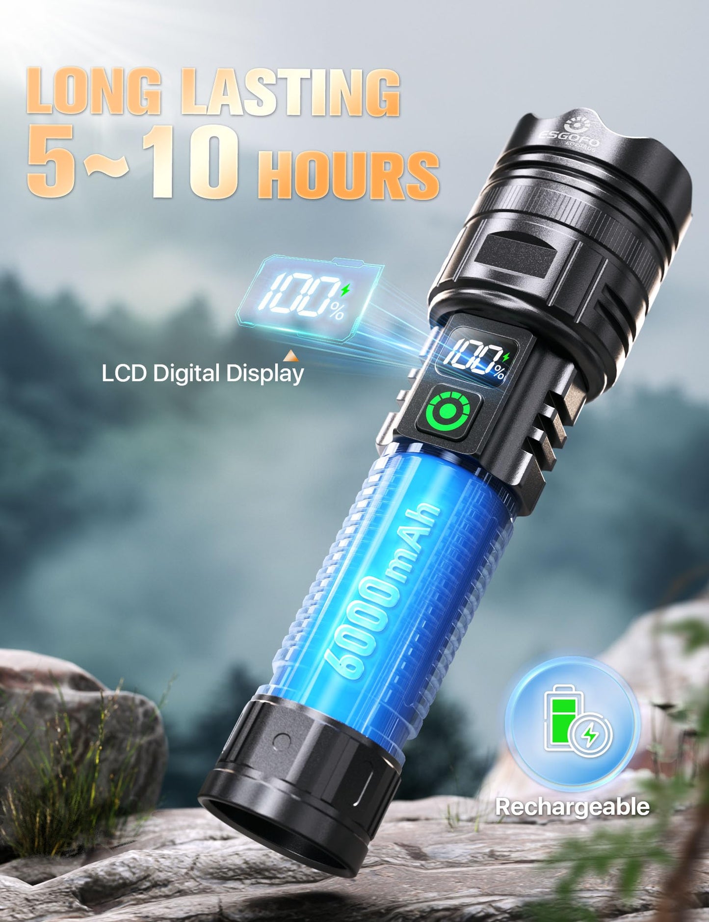 Esgofo Rechargeable Flashlights High Lumens 2000 2 Modes High/Low, Super Bright Magnetic LED Flashlight Long Distance 3280FT, Powerful Long Lasting Strong Flash Light USB C with Clip for Hiking