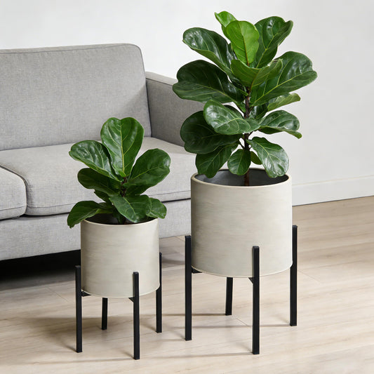 ARNIS Modern Plant Pots, Set of 2 Large Planters with Stand, Decorative Planters, Metal Pots with Drainage Holes for Living Room, Office, Garden or Balcony, 8.25 &10.5 Inch, Grey