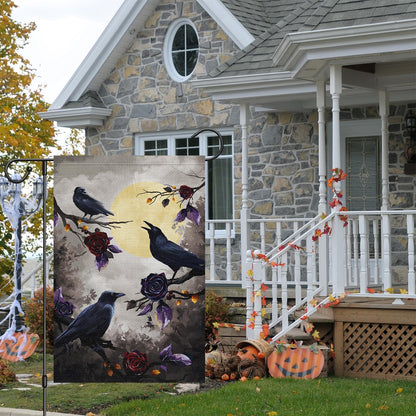 Louise Maelys Halloween Crow Garden Flag 12x18 Double Sided, Burlap Small Welcome Boo Halloween Floral House Flags Seasonal Holiday Outdoor Outside Decor (ONLY FLAG)