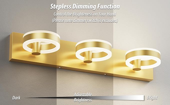 LED Bathroom Light Fixtures, 24inch Gold Vanity Lights, Modern 3 Light Acrylic Wall Sconces, 350° Rotatable Wall Lighting Fixture Over Mirror