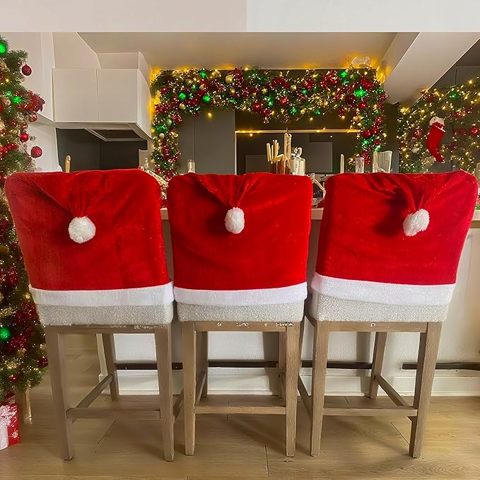 Christmas Chair Covers Hat Chair Back Covers for Xmas Holiday Chair Covers Set of 4, Stretch Parsons Chair Slipcovers Removable Washable kitchen for Home Hotel Banquet Holiday Decoration(4Pcs)