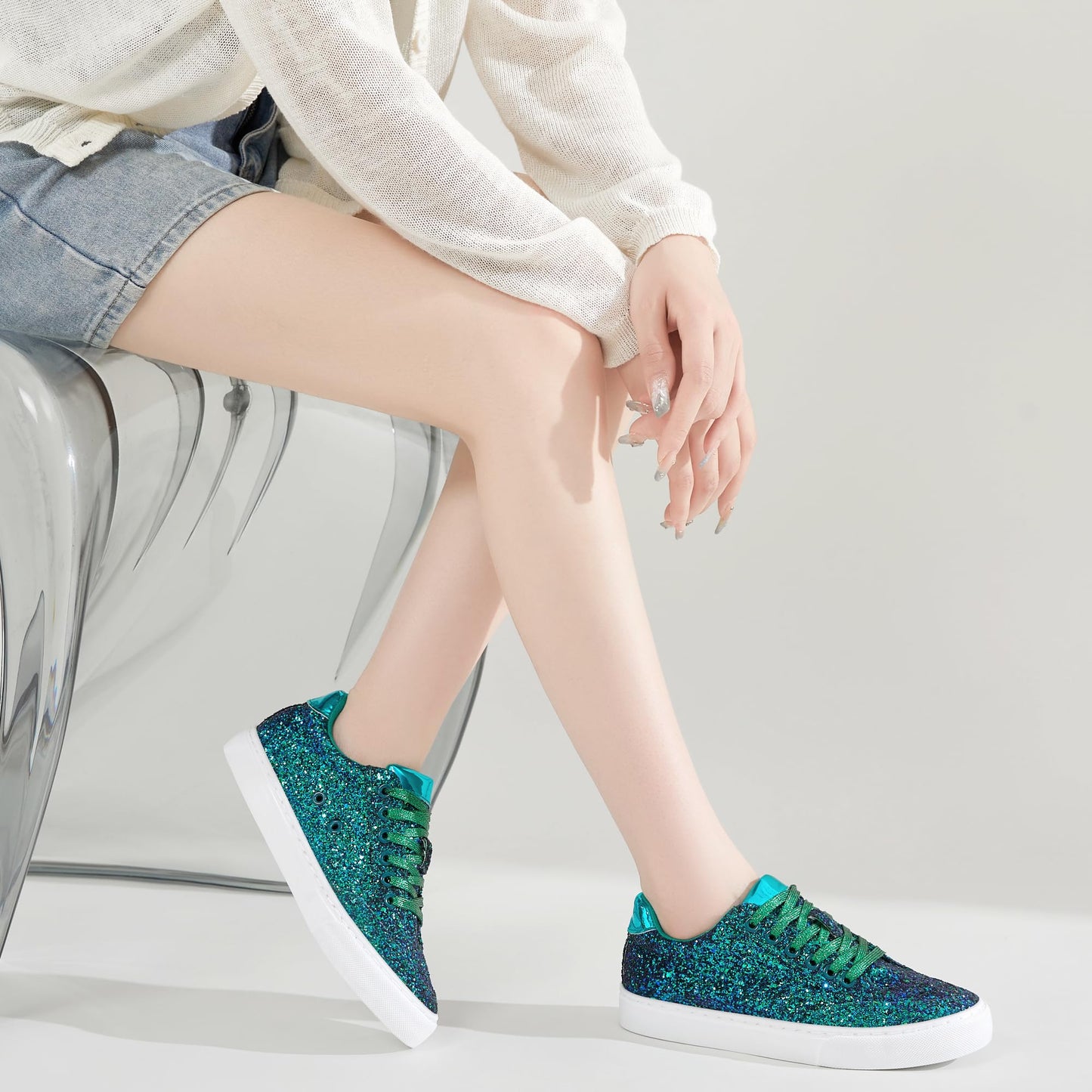 Jeekopeg Glitter Sparkly Fashion Sneakers Shoes Shiny Casual Shoes Bling Sequin Concert Low Cut Lace up Shoes(Green Glitter,8 Women/6.5 Men)