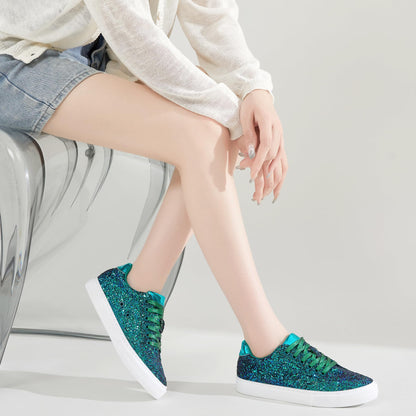 Jeekopeg Glitter Sparkly Fashion Sneakers Shoes Shiny Casual Shoes Bling Sequin Concert Low Cut Lace up Shoes(Green Glitter,8 Women/6.5 Men)