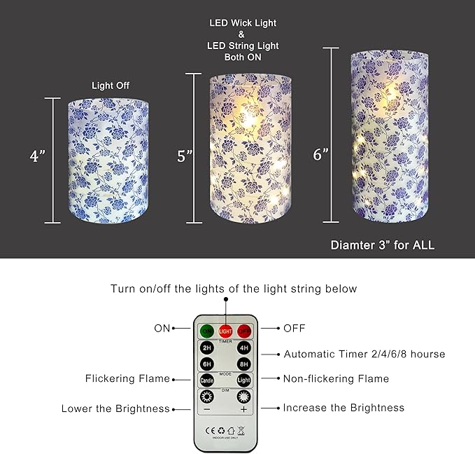 Flickering Flameless Candles Vintage Blue Floral Print, Embedded Star String Lights, Battery Operated Acrylic LED Pillar Candles with 11-Key Remote and Timer for Home Decoration, 3 Pack