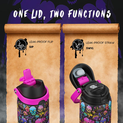 Halloween Insulated Water Bottle with Straw - Stainless Steel Water Bottle with Push Button Lid, Leak-Proof BPA-Free, Keeps Cold for 24 Hours for Halloween gifts, Party (32 oz, Trippy Skulls)
