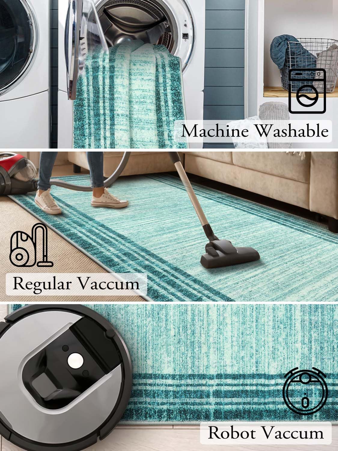 Lahome Amabel Modern Abstract Area Rug, Washable Teal 2x3 Entryway Rugs Non Slip Kitchen Carpet Indoor Front Door Throw Rugs, Minimalist Bordered Bathroom Rug Low-Pile Entry Mats for Bedroom