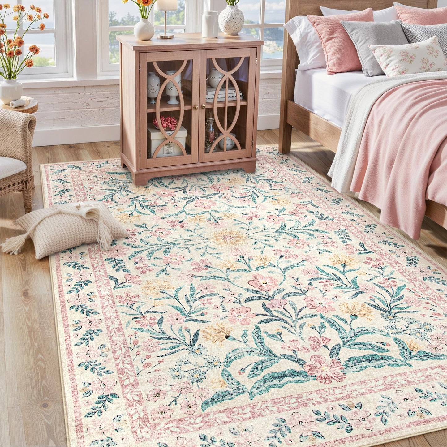 Lahome Sylvie Pink Bedroom Rug for Girls Room Decor, 5x7 Washable Cute Playroom Nursery Rug, Soft Floral Low Pile Carpet for Kids Living Dining Room Indoor, Pink/Multi