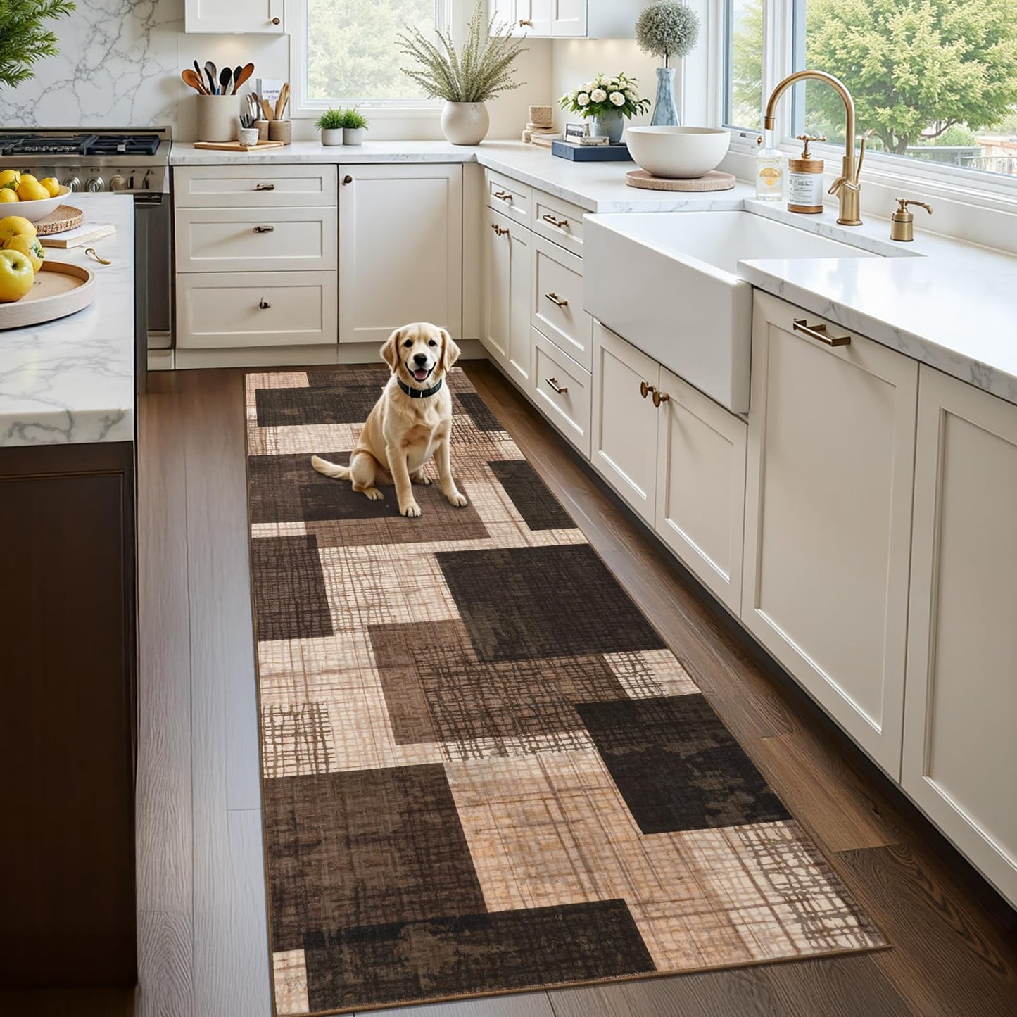 Ailyei Washable 2x8 Runner Rug for Hallway Kitchen Bedroom, Modern Geometric Patchwork Grid Print Non Slip Carpet, Soft Stain Resistant Long Runner with Rubber Backing, Chocolate