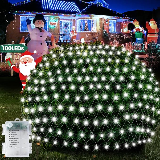 Hezbjiti Battery Operated Christmas Lights Outdoor 100 LED 5FT x 3.3FT Waterproof Timed Memory Net Mesh Lights for Xmas Trees Bushes Garden Yard Lawn Patio Christmas Decor (1Pack Cool White)