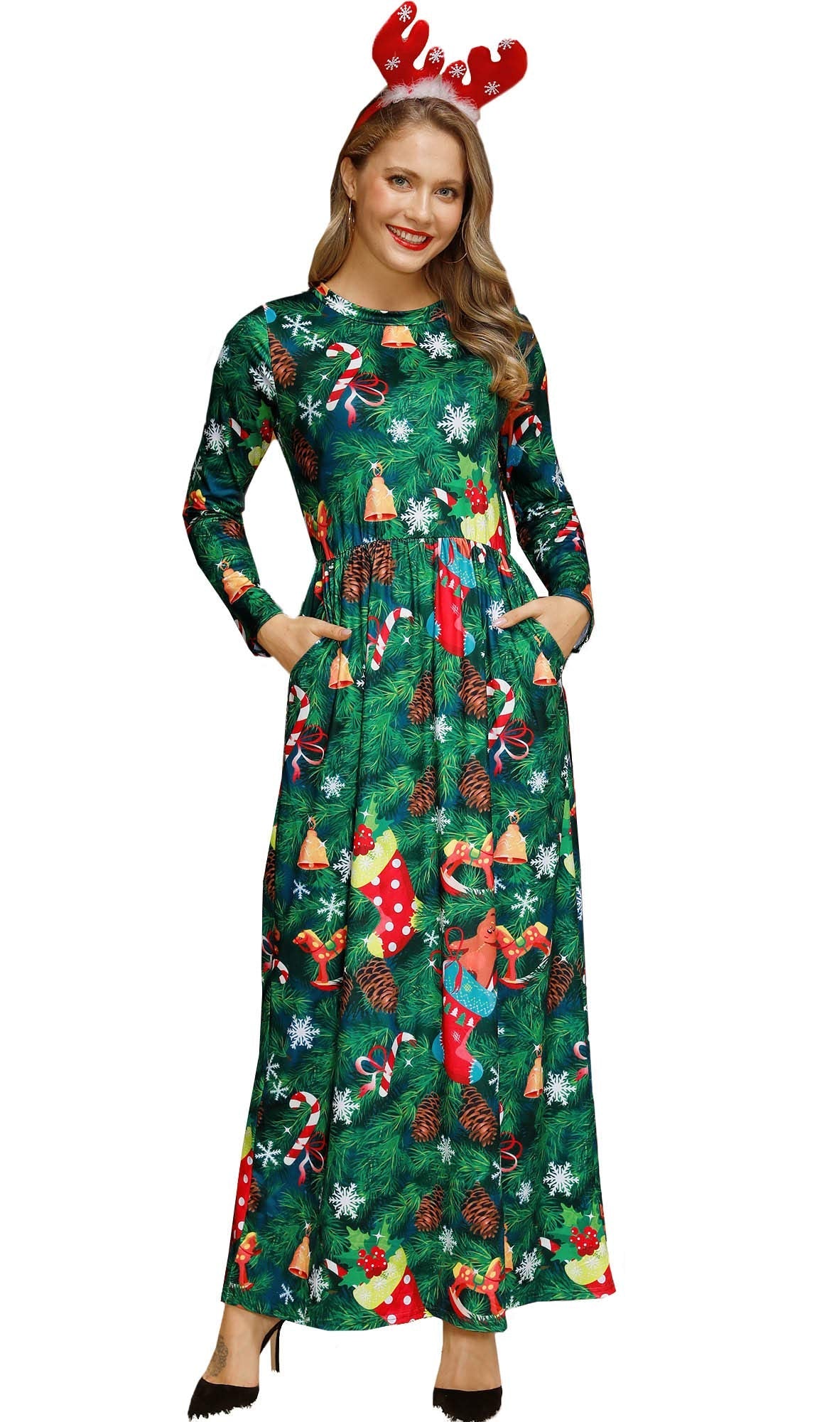 Women's Christmas Crew Neck Holiday Casual Adult Long Sleeve 3D Dress Funny Maxi Graphic Ugly Outfit Xmas Tree M