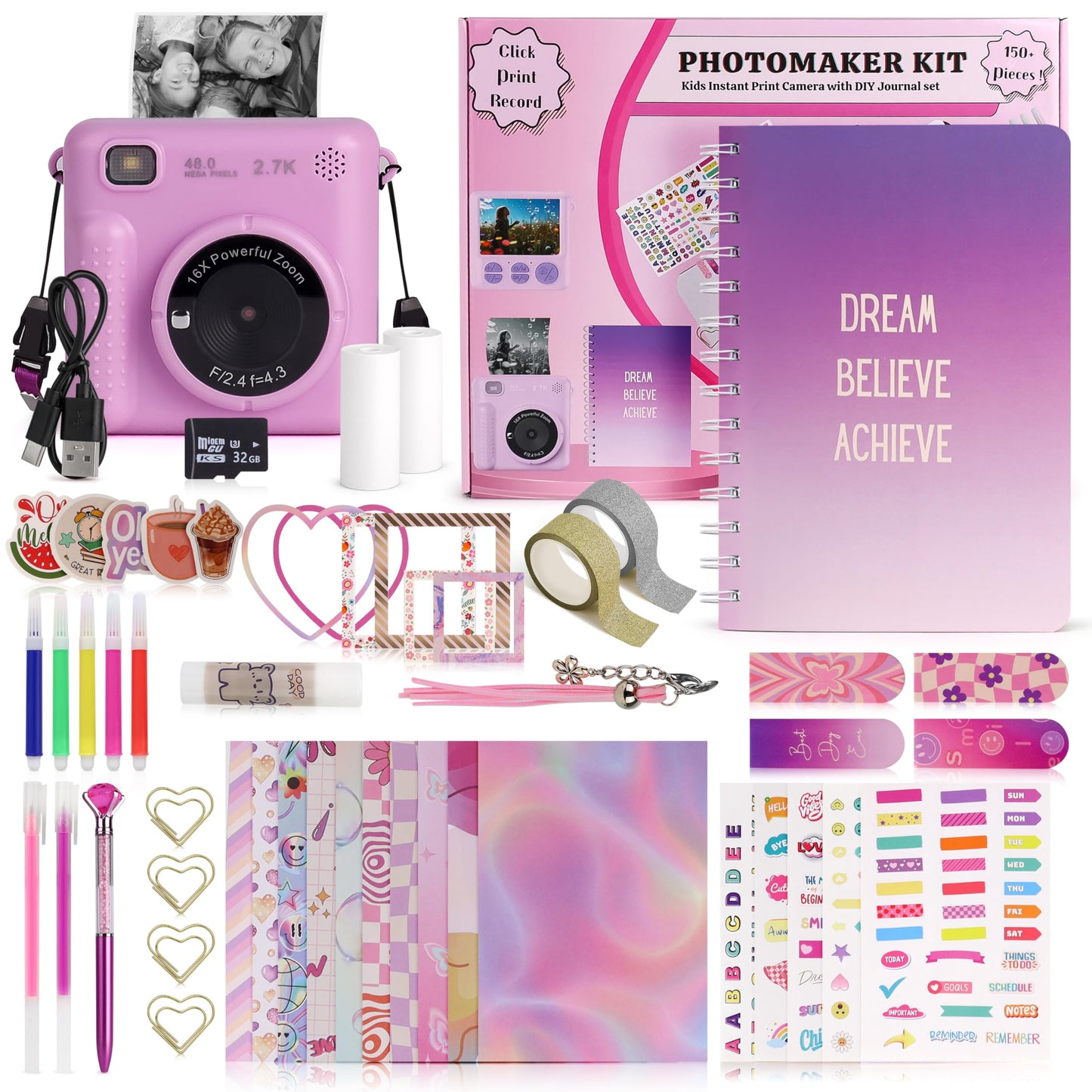 FINcredible Photomaker Kit - Instant Print Camera for Kids Plus DIY Journal Kit for Girls - 150 Pcs Tween Journal & Camera for Girls - 6 7 8 9 10 11 12 13 14 Year Old Girl (Lilac)