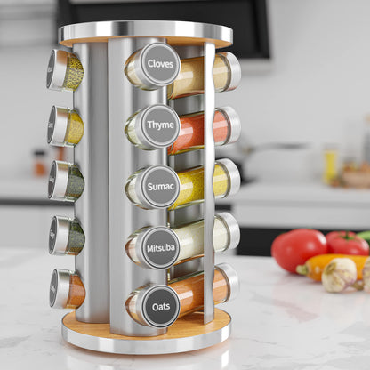 Revolving Spice Rack Set with 20 Spice Jars, Kitchen Spice Tower Organizer for Countertop or Cabinet -- Carousel Storage Includes 386 Spice Labels -- Desktop Rotating Seasoning Organizer
