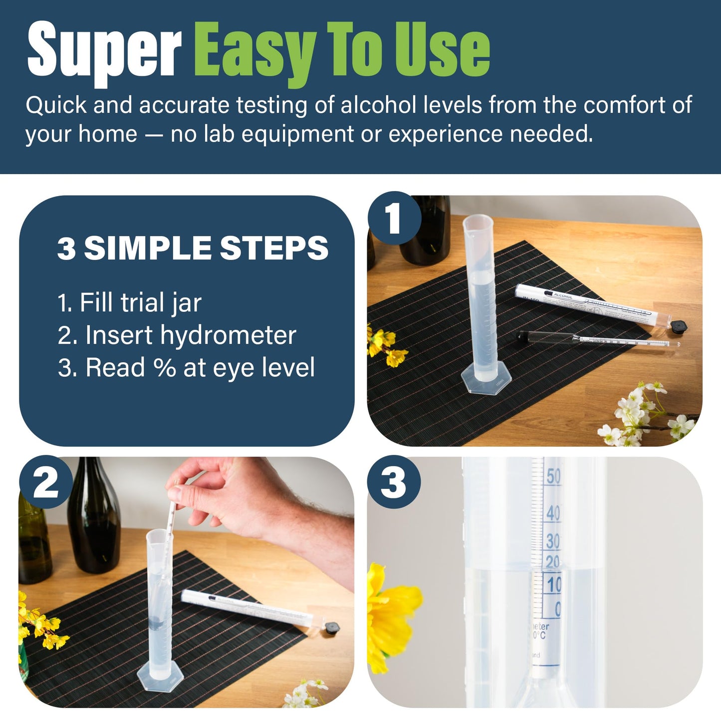 Alcohol Meter Spirit Meter 0-100% Measures Alcohol in Distilled Spirit Hydrometer 23cm Including 100ml Trial Sampling Jar