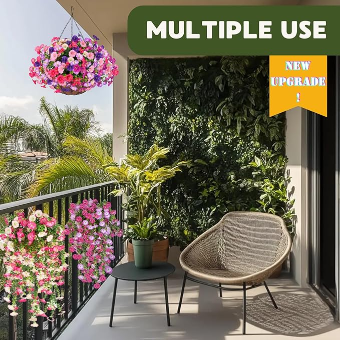 7 Color Mix Artificial Hanging Flowers for outdoor, 8 Pcs Fake Silk Petunias Plants Arrangement, for Spring Summer Outdoor Decoration, UV Resistant, Morning Glorias,for Home Garden Decor (PinkPurple)