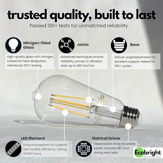 EcoBright ST19/ST64 LED Filament Bulbs, Dimmable, 60W Equivalent, 9W, 800 Lumens, 2700K Warm White, CRI90+, E26 Base, Flicker-Free, Edison Chandelier, ETL/FCC Certified (4 Pack)
