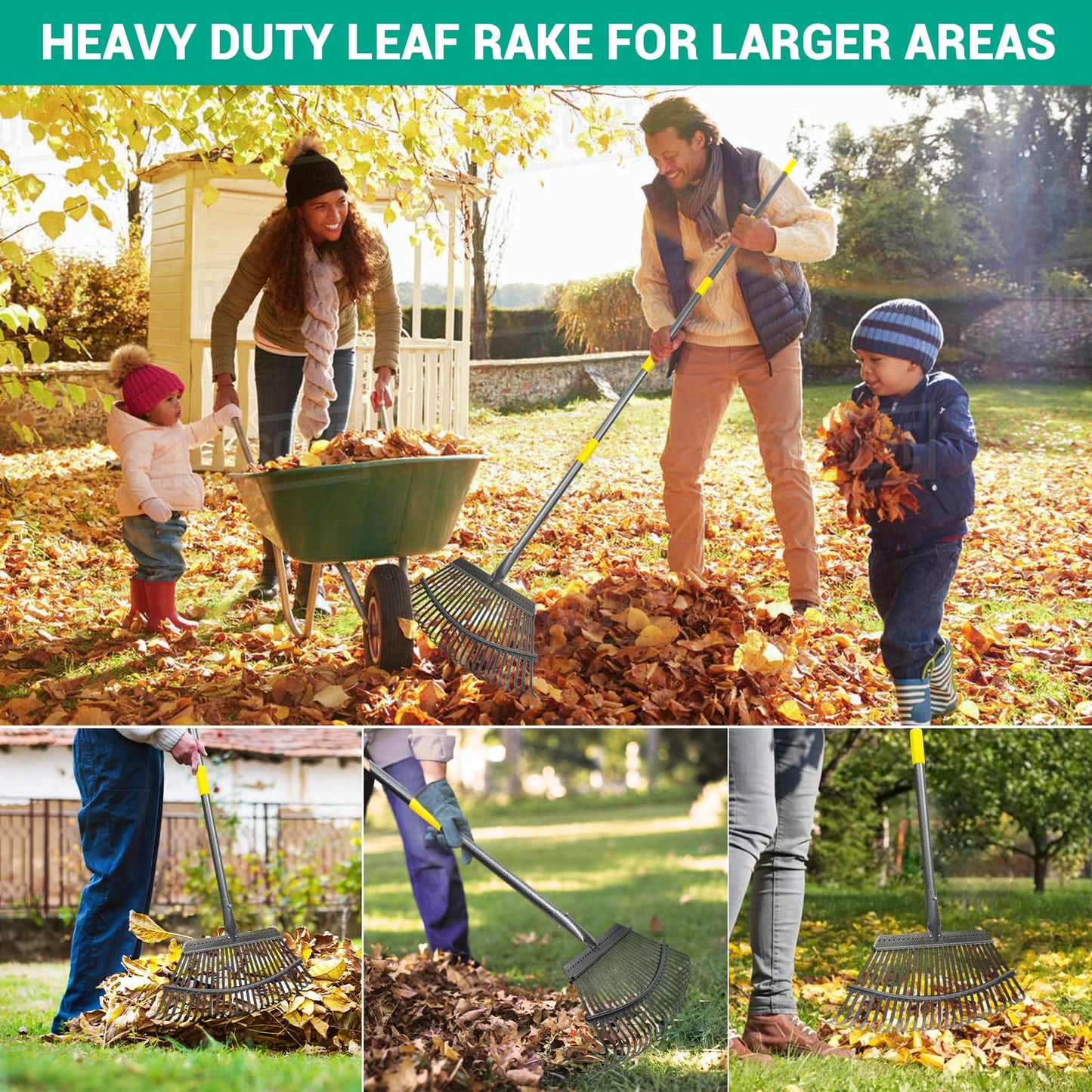 Serqd Adjustable Garden Rake for Leaves 36-73" Long Handle, 18" Wide, Heavy Duty with 25 Metal Tines ，Includes 32Gallon Leaf Bags，Designed for Lawns, Grass, Shrubs ，Flower Beds