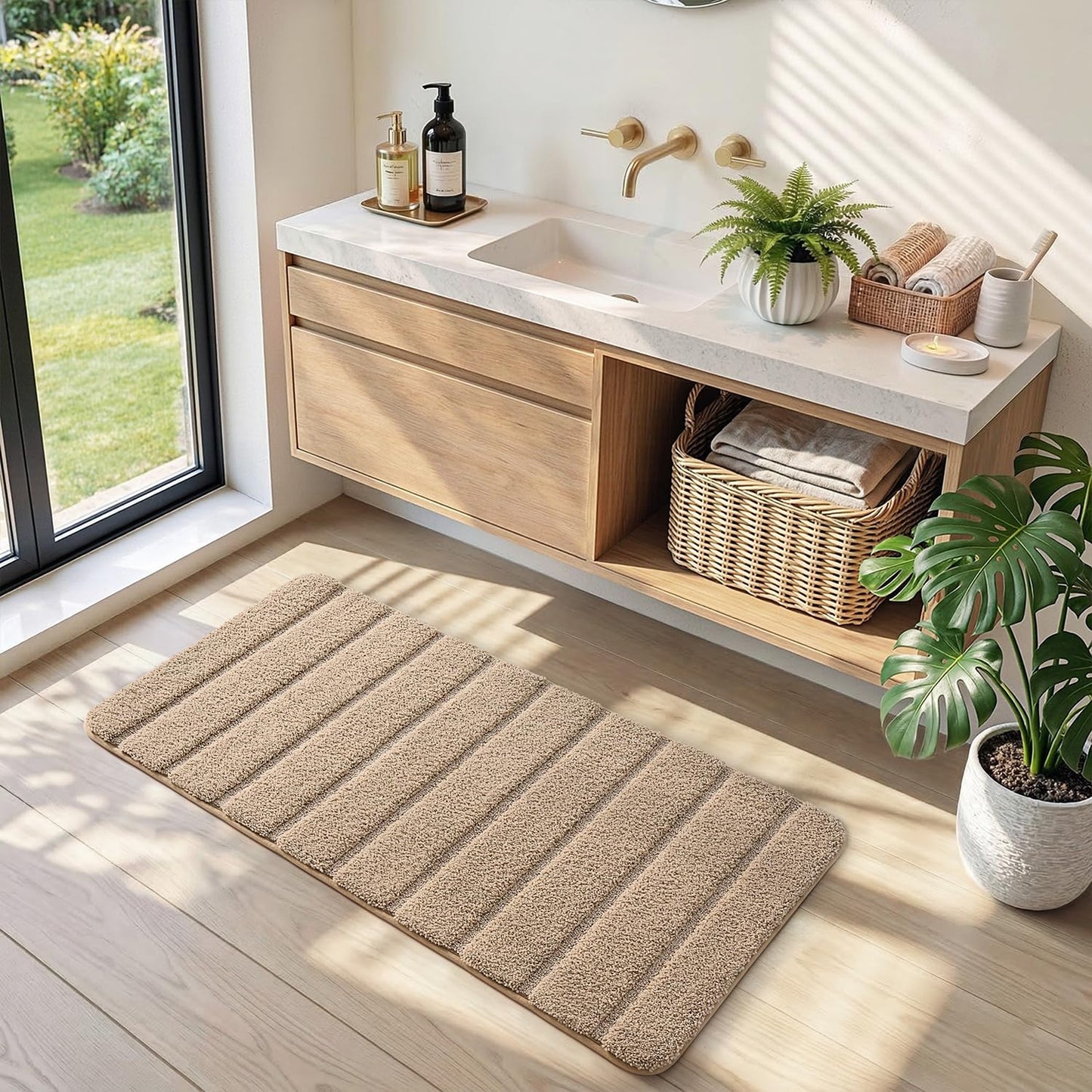 DEXI Bathroom Rugs 30x17, Machine Washable Non Slip Bath Mat, Soft Microfiber Absorbent Quick Dry Bath Rugs for Shower Floor, Sink, Tub, Beige