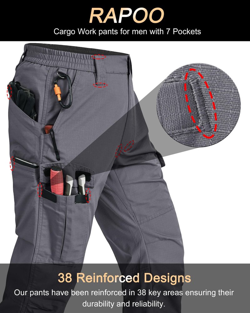 Rapoo Cargo Work Pants for Men Hiking Tactical Military Army Pants for Men with Multi Pockets Mens Ripstop Construction Breathable Outdoor Pants Grey 34Wx34L