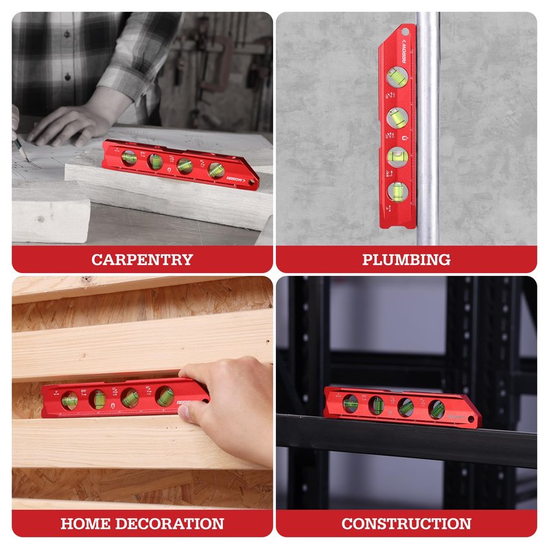 ARROW 8-Inch Torpedo Level, Magnetic Level Tool with 0°/30°/45°/90° Bubbles, Top-view Windows, Aluminium Alloy Frame, Dual Metric and SAE Scales