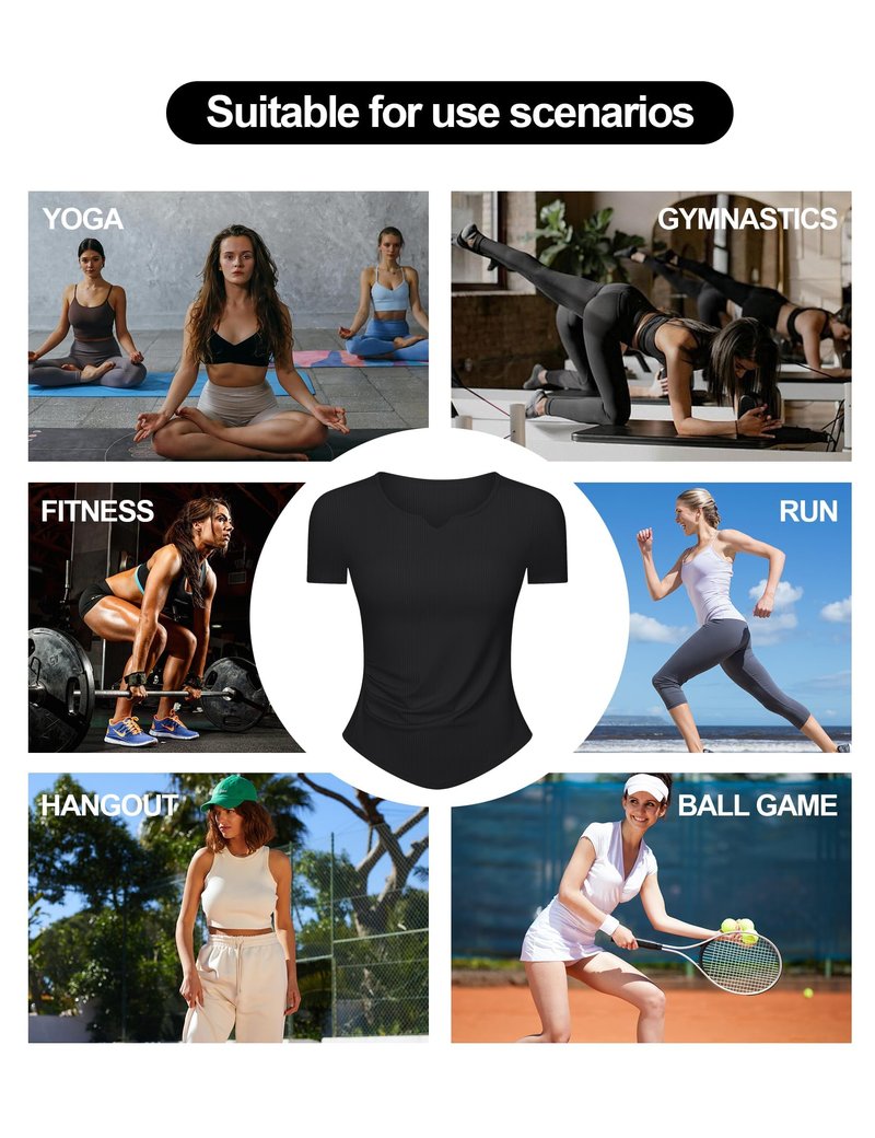 Workout Tops for Women Breathable Short Sleeve Athletic Tee V-Neck Slim Cutting Summer Running Gym Fitness Yoga Sports T-Shirt Black M