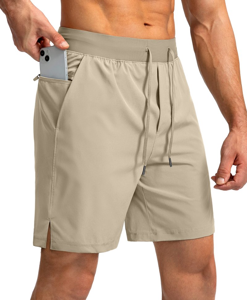 Soothfeel Men's Running Shorts with Zipper Pockets 7 Inch Lightweight Quick Dry Gym Athletic Workout Shorts for Men (Khaki, XXL)