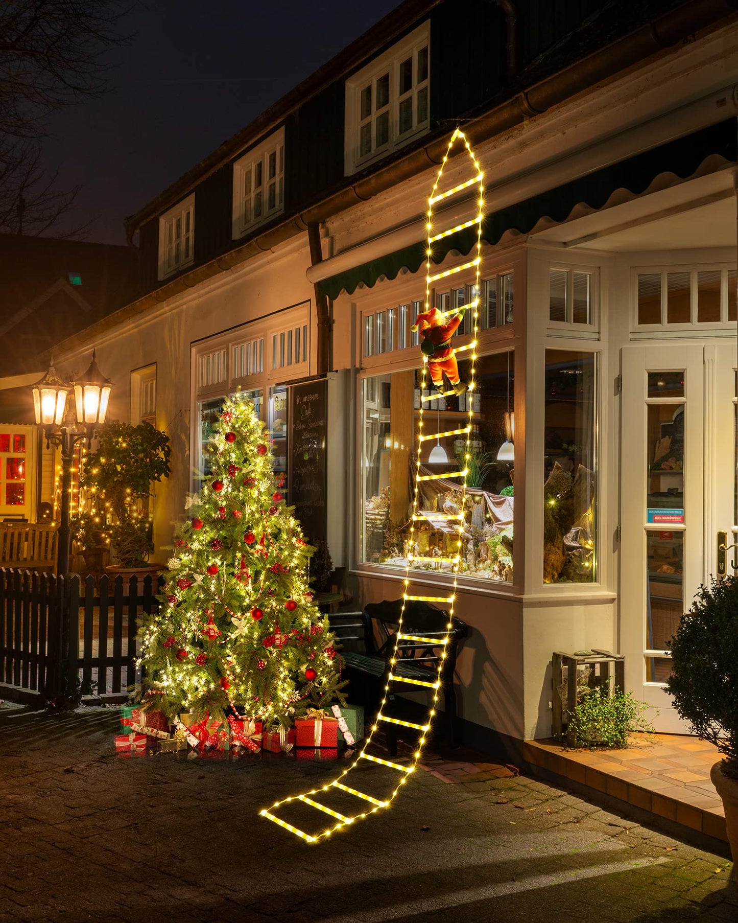 Christmas Decorations LED Ladder Lights with Climbing Santa Claus, 10ft Outdoor Christmas Decorative Lights - 8 Modes Xmas Lights Tree for Home Holiday Wall Window Xmas Decor (Warm White)