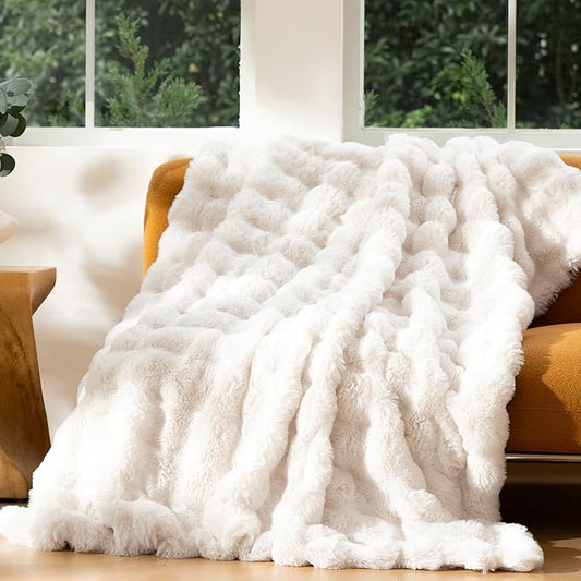 Luxury Faux Fur Throw Blanket 3D Bubble for Couch - Fluffy Blanket Double-Sided Non-Shedding, 50x60 Inches, Fits Bed/Car/Camping/Patio, Gift for Women,Room Decor,White