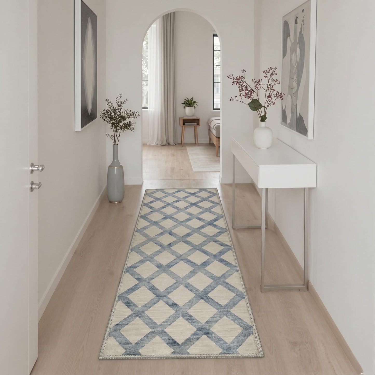 Bavni 2x3 Rug Machine Washable Low Pile Non Slip Backing for Entryway Kitchen Bathroom Front Door, Small Indoor Door Mat with Diamond Lattice Print Pattern, Dusty Blue