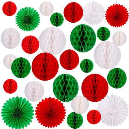 Konsait 30pcs Christmas New Year Hanging Decoration Paper Honeycomb Balls Paper Fans Kit for Xmas Party Decor Supplies Baby Shower Birthday Wedding Home Decoration Red White Green Decor