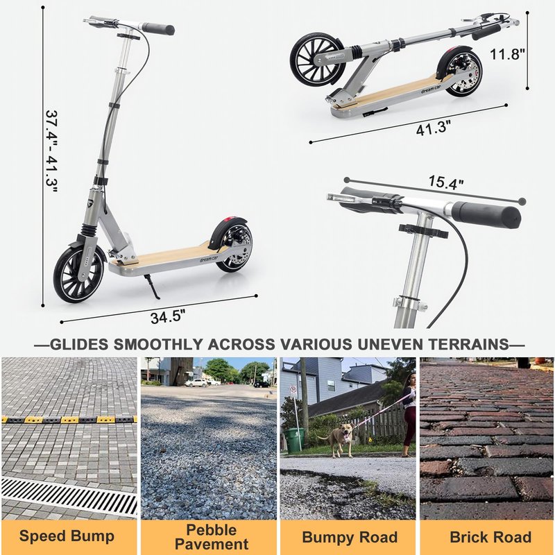 CUIOT Scooter for Kids 8-12, Teens and Adults, Folding Kick Scooter with Adjustable Height, 8IN Big Wheels Scooters W/Anti-Shock Suspension, Up to 300 Lbs, Bearing ABEC9 (Silver)