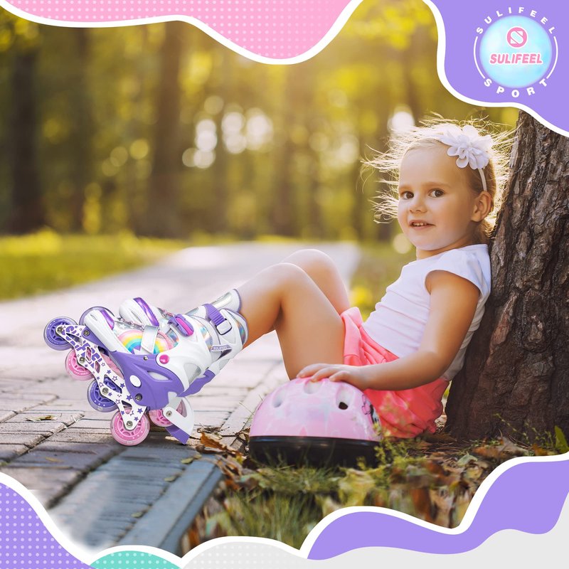 SULIFEEL Rainbow Unicorn Adjustable Inline Skates for Girls Boys and Kids with All Illuminating PU Wheels for Outdoor and Indoor Beginner Skates Purple Medium