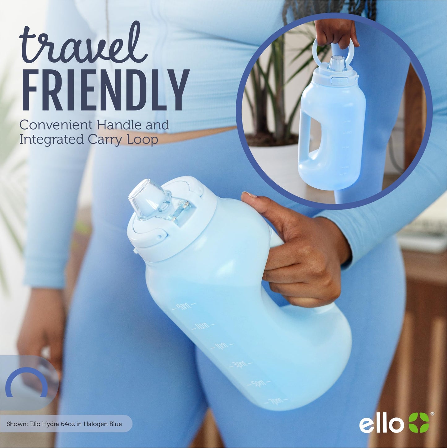 Ello Hydra 64oz Half Gallon Water Jug with Handle and Motivational Time Markers for All Day Hydration, Plastic Reusable Water Bottle with Straw and Locking, Leak Proof Lid, BPA Free, Yucca