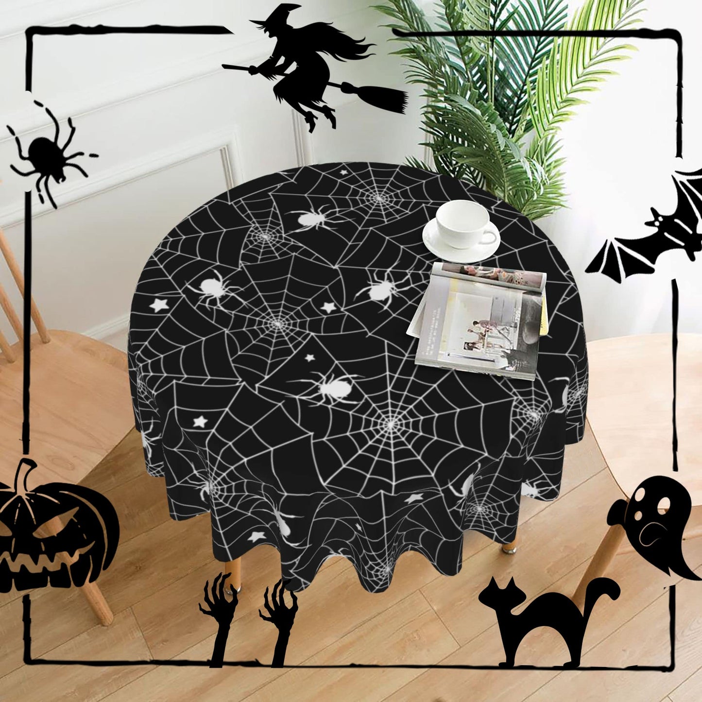 SuQKXCo Halloween Spider Web Round Tablecloth 60 Inch Stars Tablecover Anti-Wrinkle Waterproof Wipeable Table Cloth for Kitchen/Home Decoration