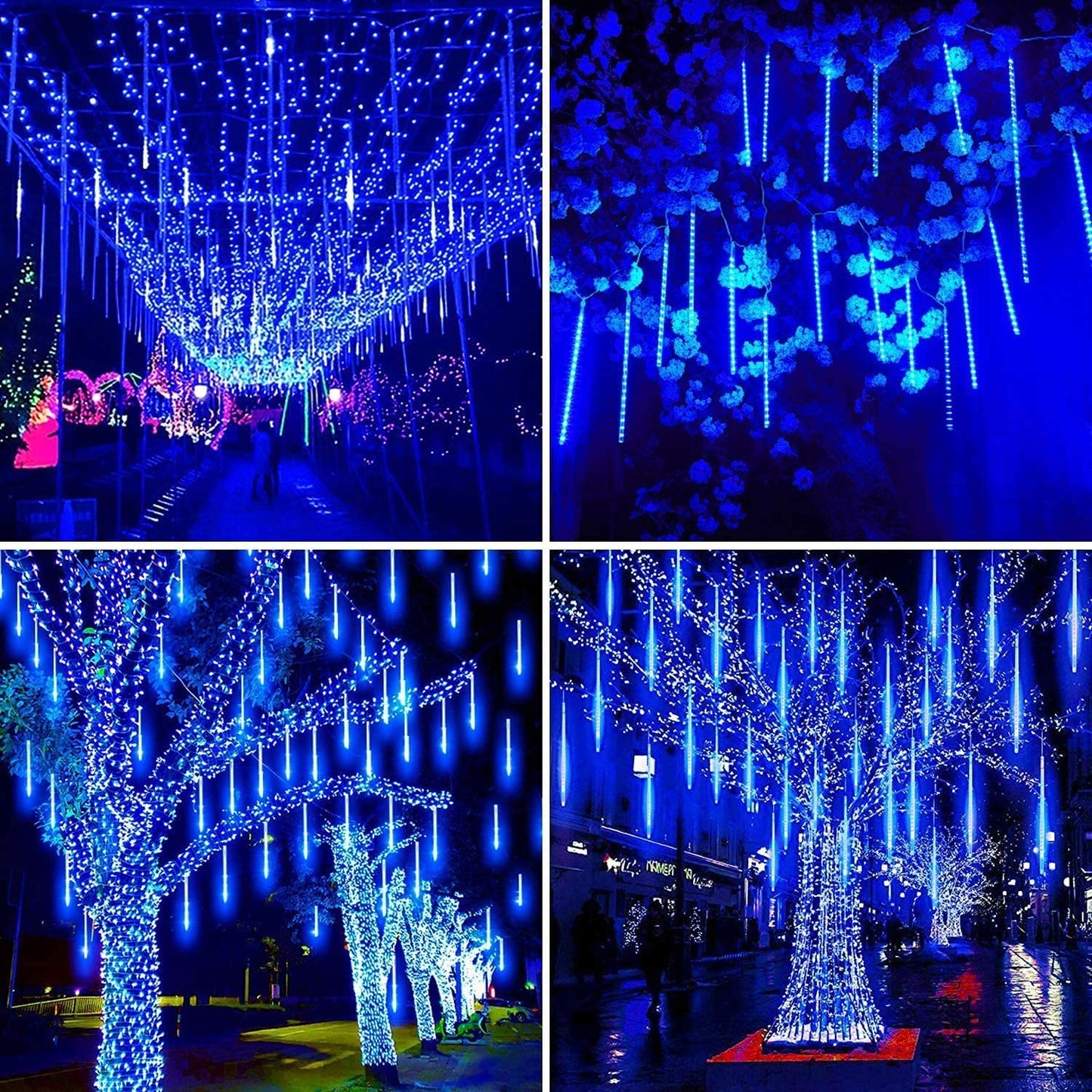 Kordain Outdoor Christmas Lights, Falling Rain Meteor Shower 12 inch 8 Tubes 144 LED Snow Icicle Cascading Fairy String Lights for Holiday Wedding Party Garden Tree Decor, UL Plug, Blue