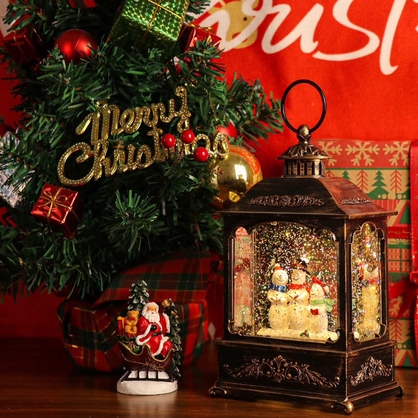 GenSwin Musical Snowman Snow Globe Lantern with 6 Hour Timer, Battery Operated & USB Powered Singing Spinning Water Glittering Snow Globe Lantern Christmas Home Decoration Gift(9.6”,3 AA)