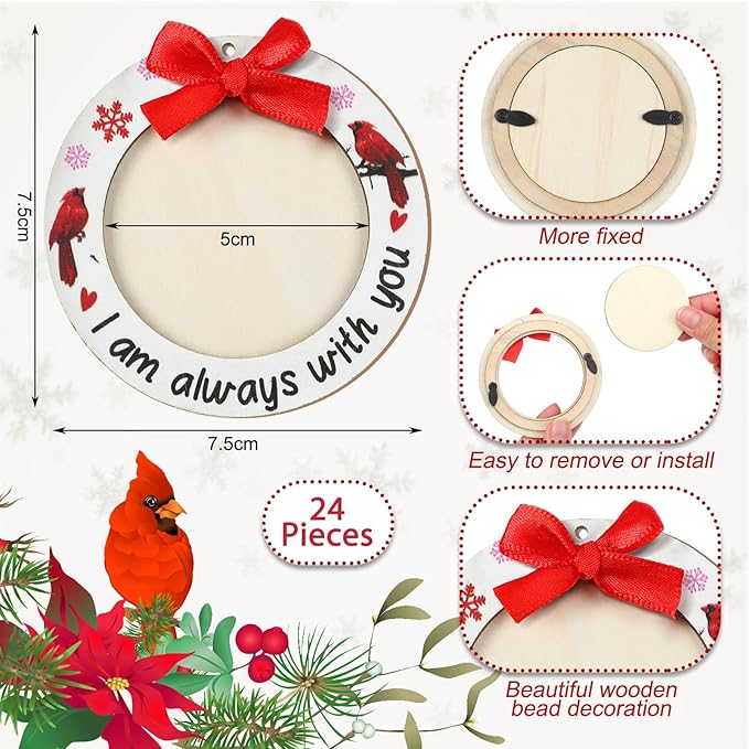 Blulu 24 Pieces Christmas Red Cardinal Picture Frames Ornaments - Wooden Photo Ornaments 'I Am Always with You' for Xmas Tree Decoration - Sympathy Memorial Gifts