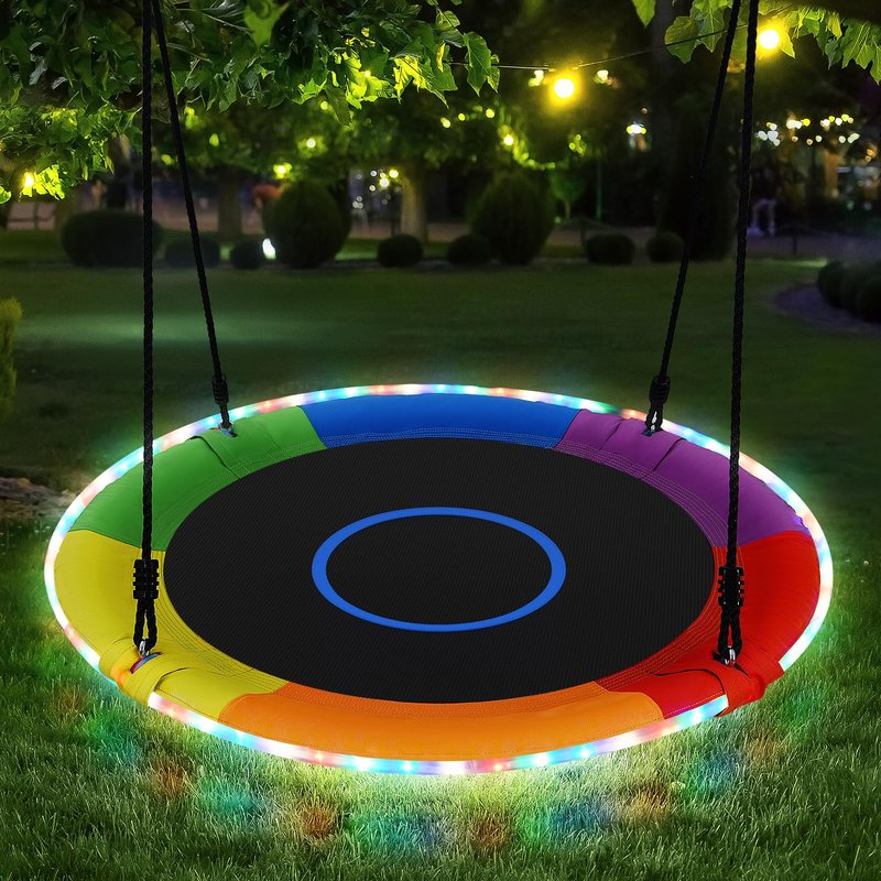Trekassy 700lbs 40" Saucer Tree Swing for Kids Adults Outdoor with LED Lights, 2 Tree Hanging Straps-Rainbow