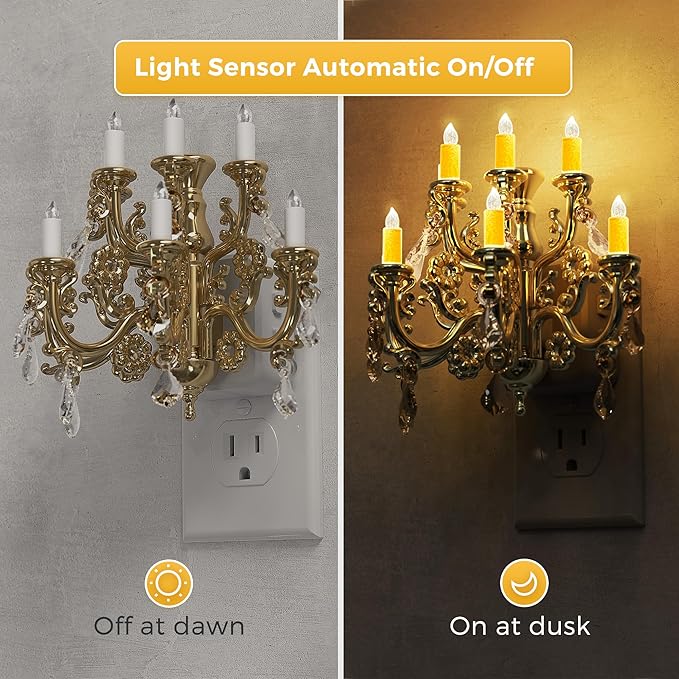 L LOHAS LED Night Lights Plug into Wall,Crystal Chandelier Candle Nightlight with Dusk to Dawn Sensor,Brightness Adjustable,3000K Soft White,Rotatable Plug Addtion for Home Decor,Hallway,Bathroom