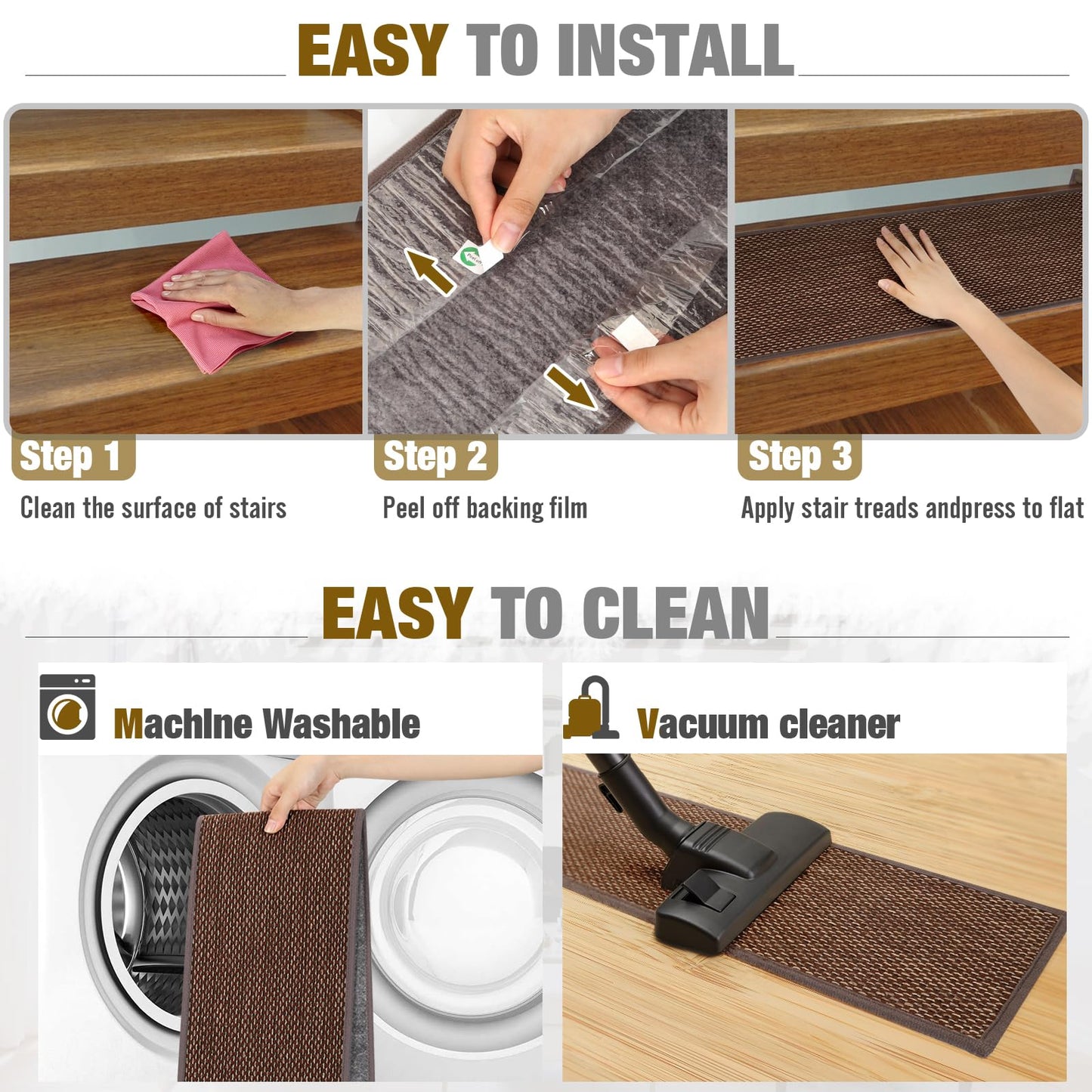 SMILOOL Stair Treads Non Slip for Wooden Steps Indoor 9" x 36" 15 Pack Extra Wide Stairs Tread Carpet Runner, Step Pads with Reusable Adhesive for Dogs Kids Elders, Machine Washable, Brown