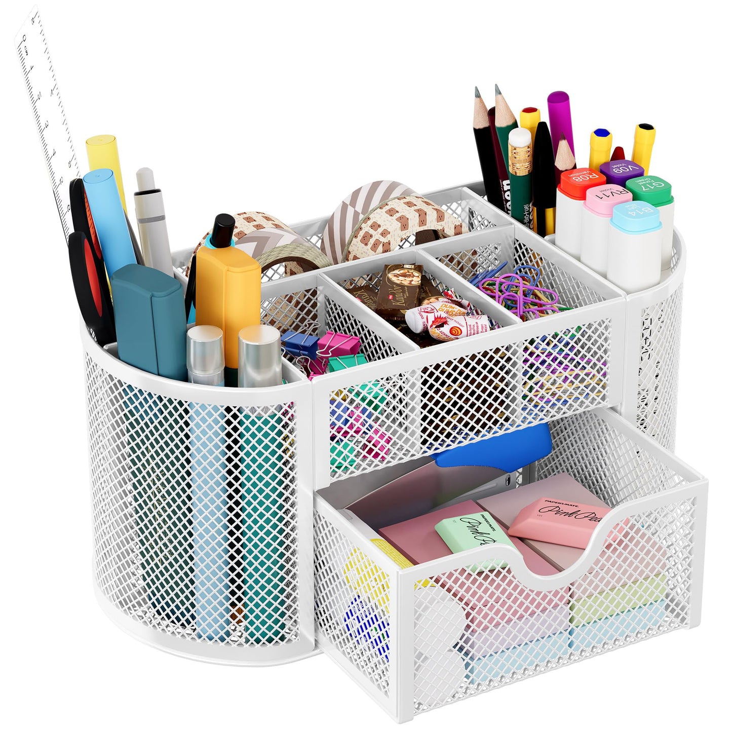 EasyPAG Mesh Desk Organizer, Multi-functional Stationery Organizer for School Supplies, Office Pen Holder for Desk, 9 Compartments Dorm Organization with Drawer, White