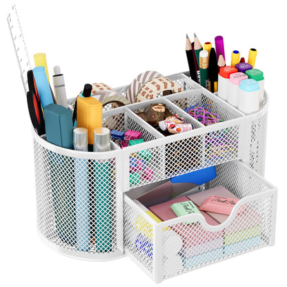 EasyPAG Mesh Desk Organizer, Multi-functional Stationery Organizer for School Supplies, Office Pen Holder for Desk, 9 Compartments Dorm Organization with Drawer, White