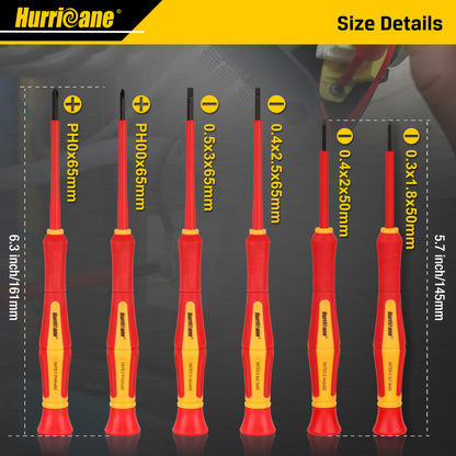 HURRICANE 1000V Precision Insulated Screwdriver Set, 6 Piece Insulated Electrician Screwdriver Set with Magnetic Tips for Electrical Repairs. Slotted(1.8mm, 2.0mm, 2.5mm, 3.0mm), Phillips(PH00, PH0)
