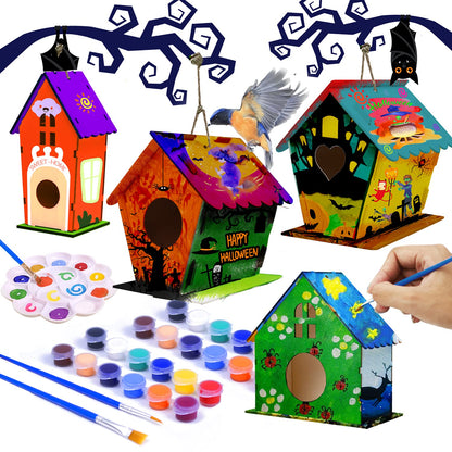 hapray 4 Pack DIY Bird House Kit, Crafts for Children to Build and Paint Birdhouse (Includes Paints & Brushes) Wooden Arts for Kids Girls Boys Toddlers Gifts Halloween Christmas